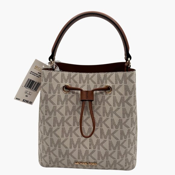 Michael Kors Small Drawstring Bucket Bag Vanilla/Brown Canvas Leather Logo - Picture 2 of 14